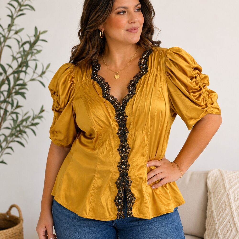 Barbara Barbara Yellow Black Embellished Y2K Puff Sleeve Top Sz 22